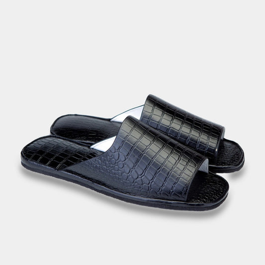 Mens leather slippers Black Crocodile