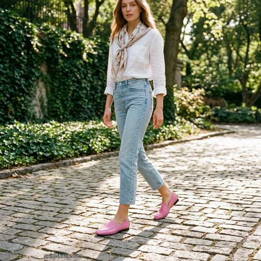 Womens leather loafers Pink Lace