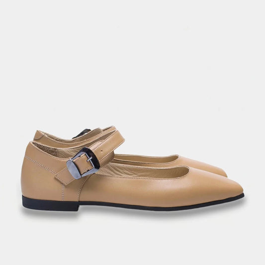 Womens leather Mary Jane ballet flats Beige