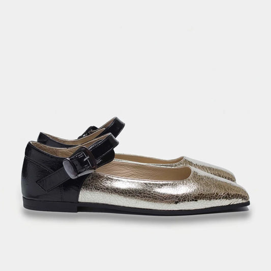 Womens leather Mary Jane ballet flats Gold Black