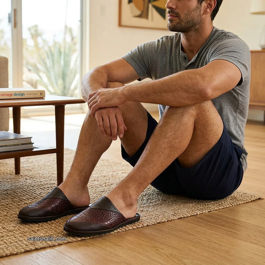 Mens leather slippers Brown Crocodile