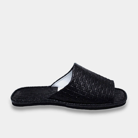 Mens leather slippers Black Plaid