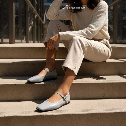 Womens leather Mary Jane ballet flats Light Gray