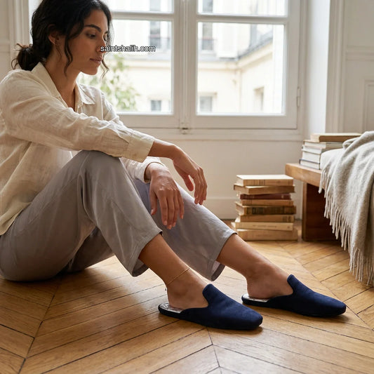 Womens leather slippers Navy Voyage