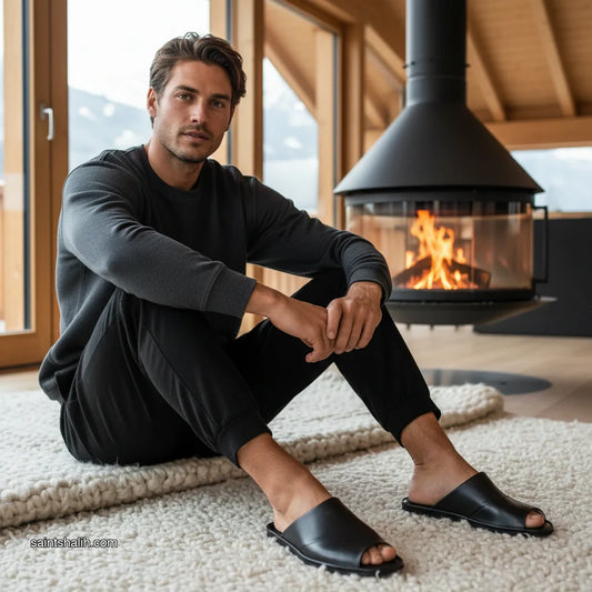 Mens leather slippers Black Ease