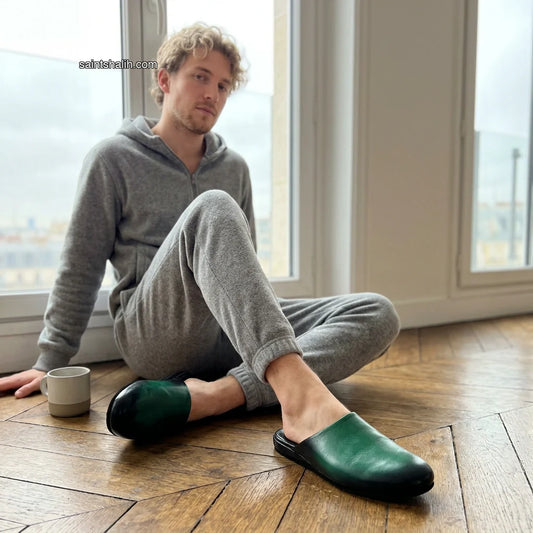 Mens leather slippers Green Solstice