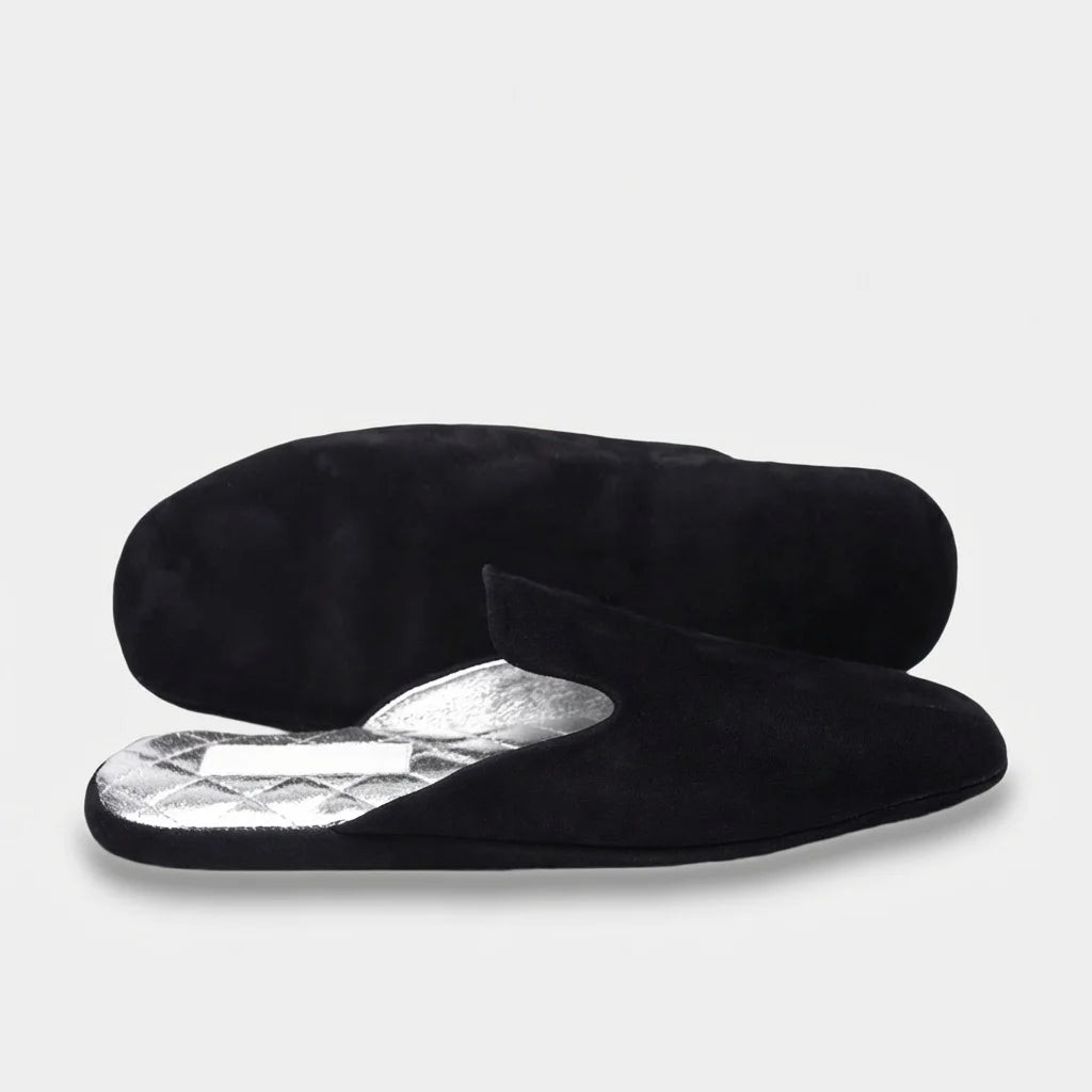 Women's black leather mule slippers, one on its side showing the sole