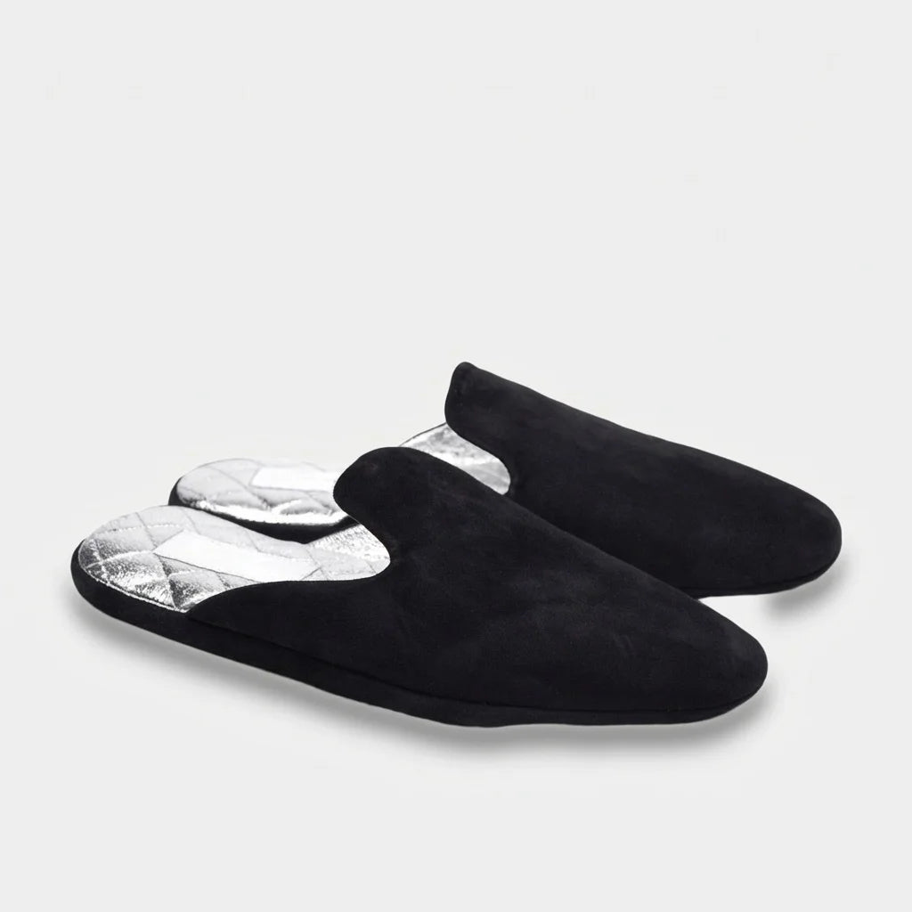 Women's black leather mule slippers, three-quarter view