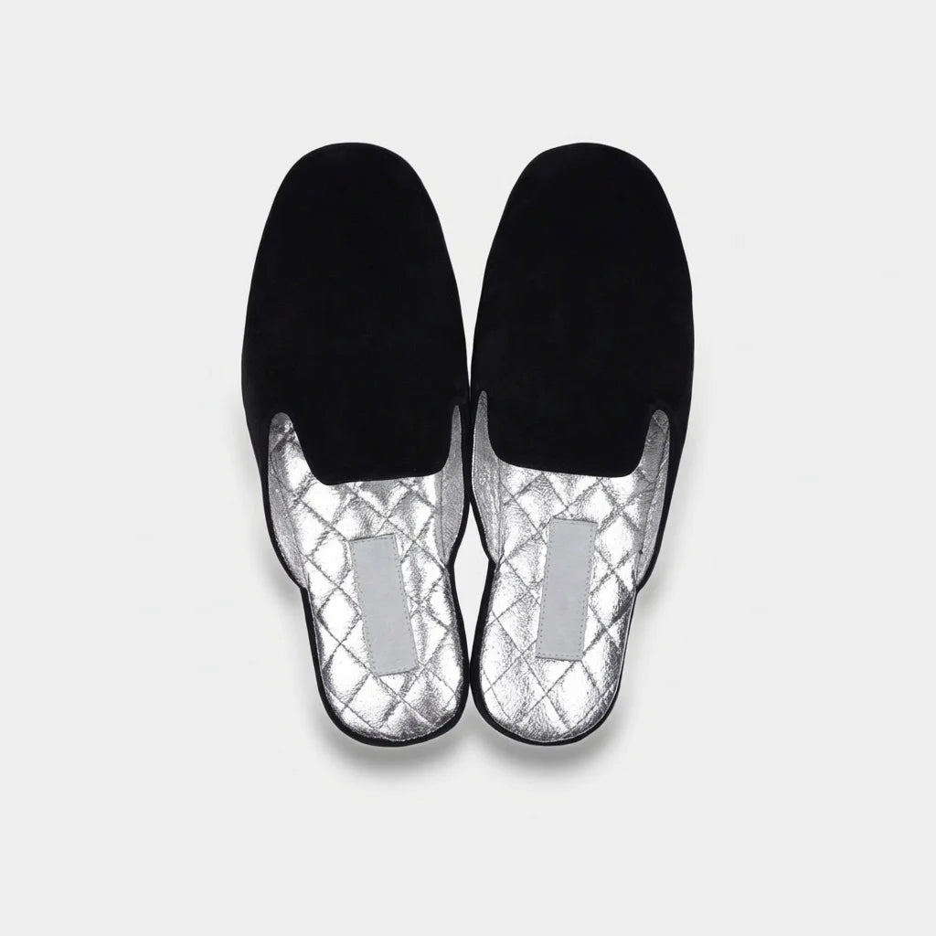 Women's black leather mule slippers, top view