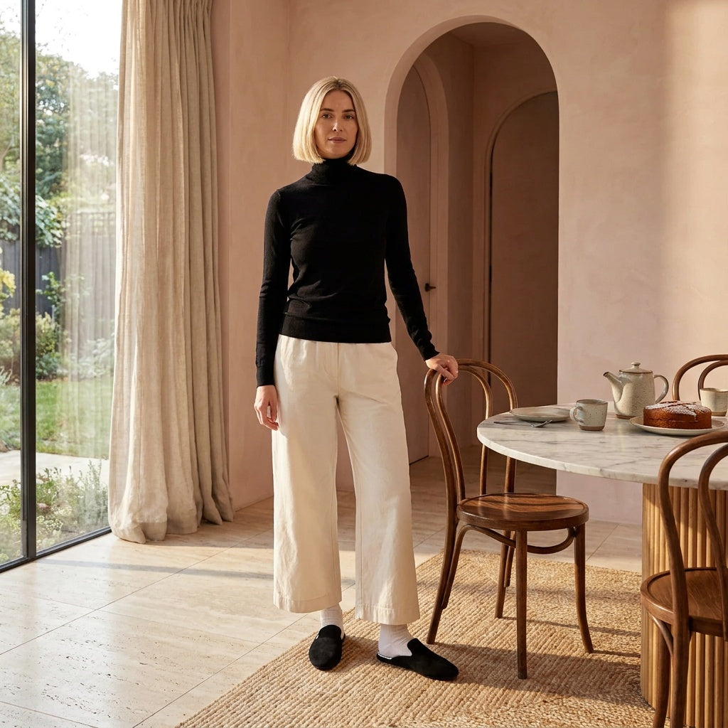 Woman in black leather mule slippers at home