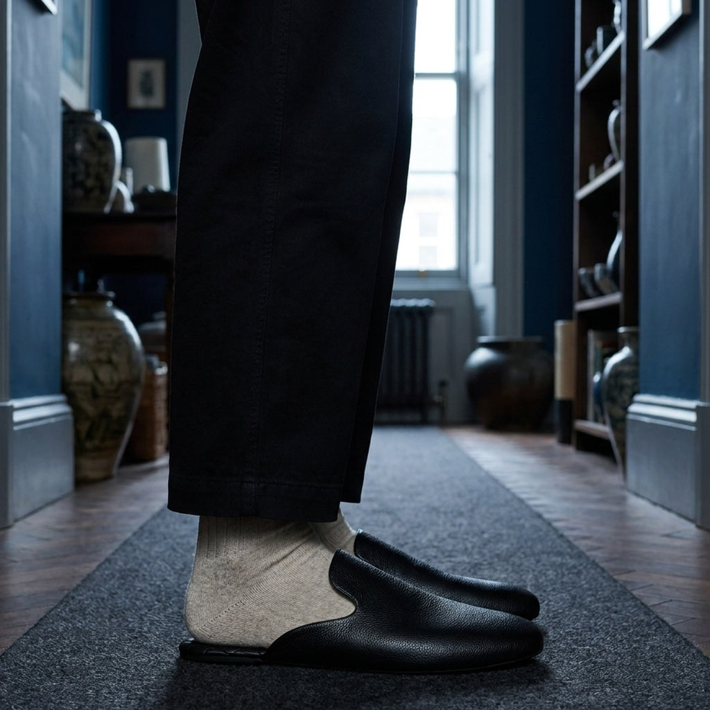 Man in black leather mule slippers and oatmeal socks on a runner in a blue-walled hallway