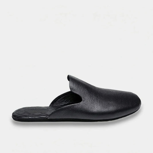 Men's black leather mule slipper, side view