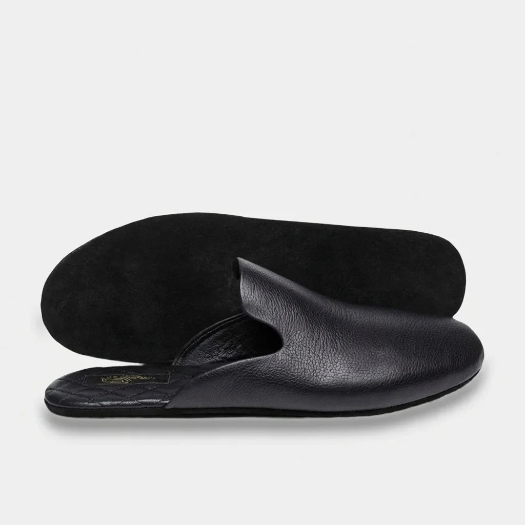 Black leather mule slippers with a suede sole and quilted leather insole