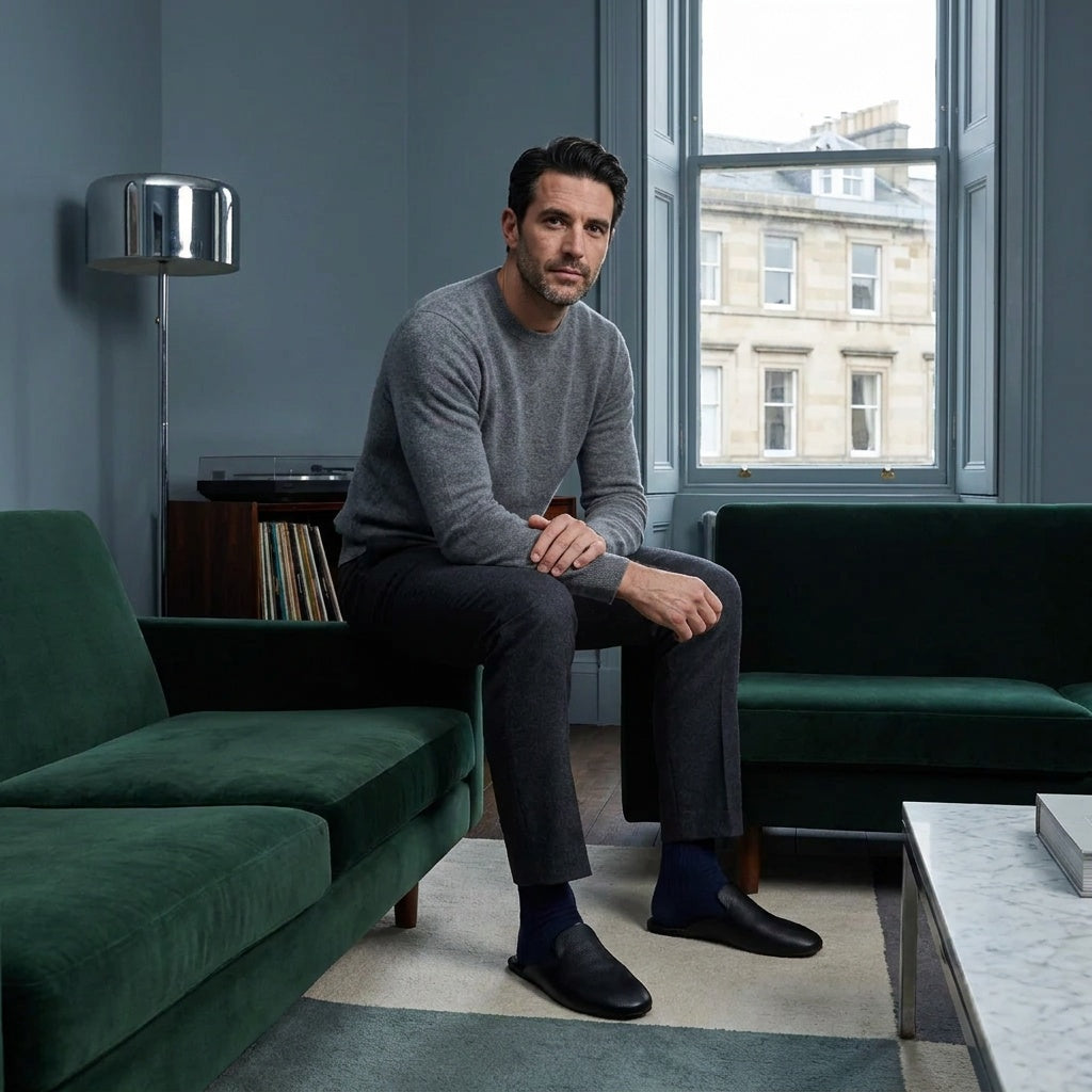 Man in black leather mule slippers seated on a green velvet sofa in a blue living room