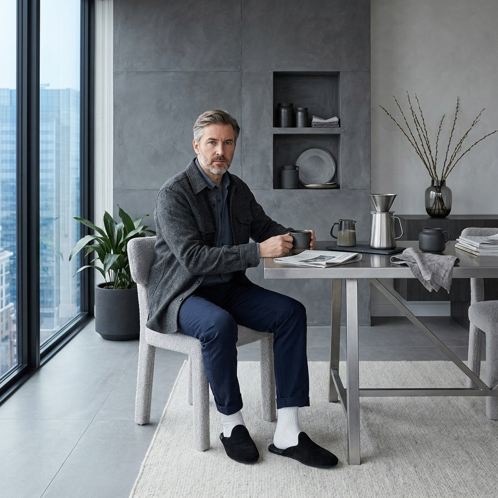Man in black leather mule slippers at home