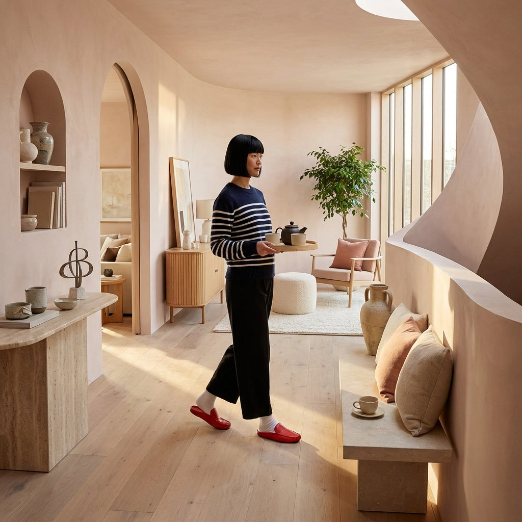 Woman in red leather mule slippers carrying a tea tray across a curved plaster hall