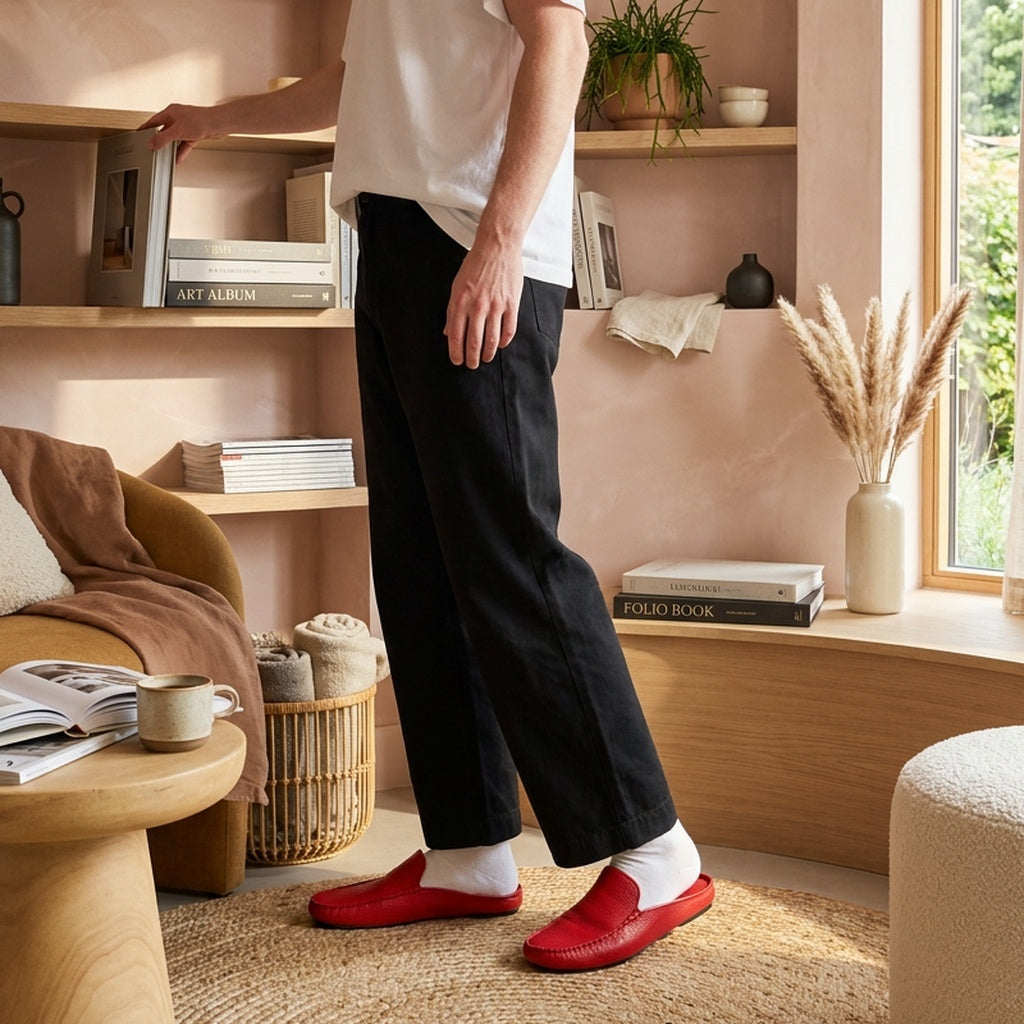 Woman in red leather mule slippers by curved oak bookshelves in a pink plaster library