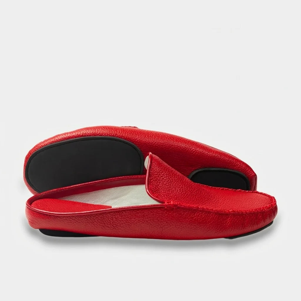 Red leather mule slippers with an EVA sole and leather insole