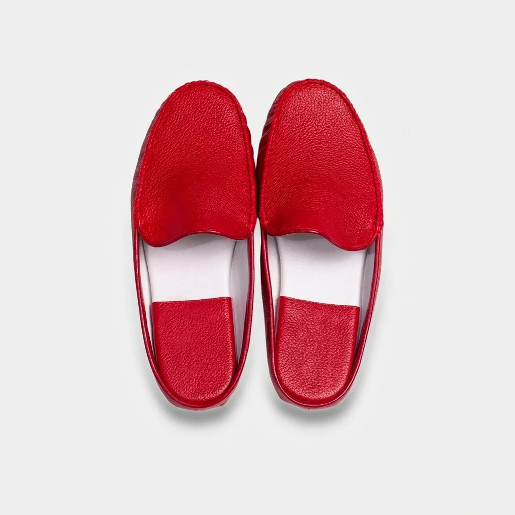 Pair of women's red leather mule slippers from above